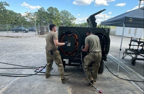 image of two soldiers widing up coils on the back of vehicles